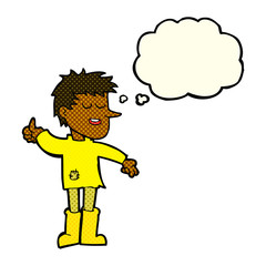 cartoon poor boy with positive attitude with thought bubble