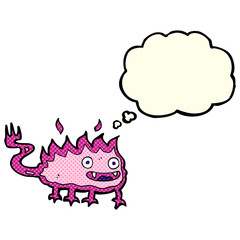 cartoon little fire demon with thought bubble