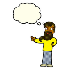 cartoon man with beard pointing with thought bubble