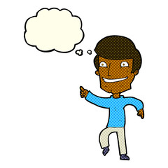 cartoon happy man pointing with thought bubble