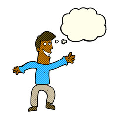 cartoon happy man dancing with thought bubble
