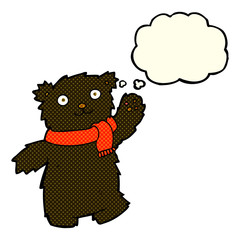 cartoon teddy bear wearing scarf with thought bubble