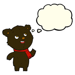 cartoon black bear wearing scarf with thought bubble