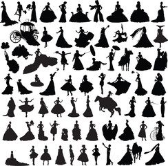 set of silhouettes of girls with wedding dresses in different poses