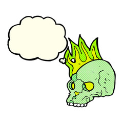 cartoon spooky skull with thought bubble