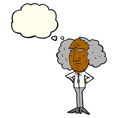 cartoon big hair lecturer man with thought bubble