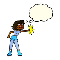 cartoon woman punching with thought bubble