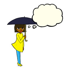 cartoon woman with umbrella with thought bubble
