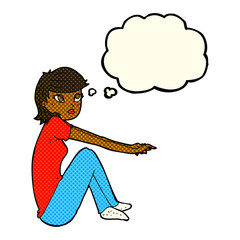 cartoon pretty girl sitting with thought bubble