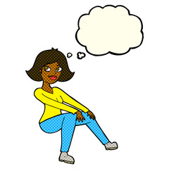 cartoon happy woman sitting with thought bubble