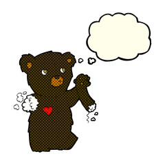 cartoon teddy black bear with torn arm with thought bubble