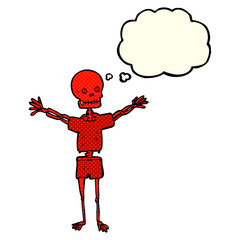 cartoon skeleton in clothes with thought bubble