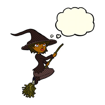 cartoon witch riding broomstick with thought bubble