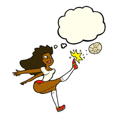 cartoon female soccer player kicking ball with thought bubble