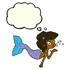 cartoon mermaid blowing kiss with thought bubble