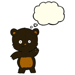 cartoon waving black bear with thought bubble