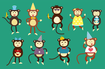 Happy cartoon vector monkey dancing party birthday background