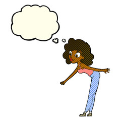 cartoon woman reaching to pick something up with thought bubble