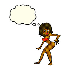 cartoon woman in bikini with thought bubble