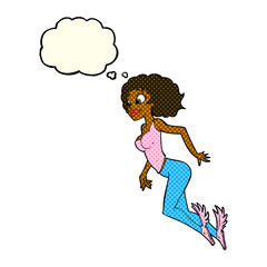 cartoon flying woman with thought bubble