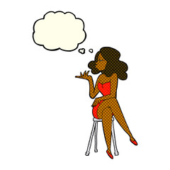 cartoon woman sitting on bar stool with thought bubble
