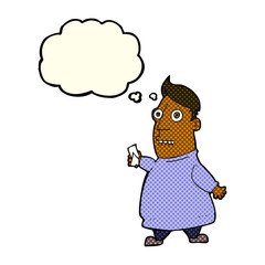 cartoon nervous man with tickets with thought bubble