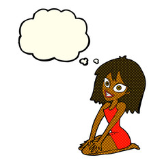 cartoon happy woman in dress with thought bubble