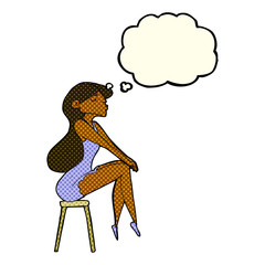 cartoon woman sitting on stool with thought bubble