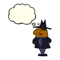 cartoon man in coat and hat with thought bubble