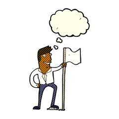 cartoon man planting flag with thought bubble