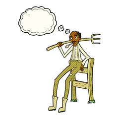 cartoon old farmer leaning on fence with thought bubble