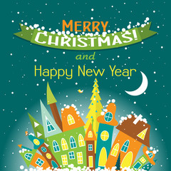 Fototapeta premium Template Christmas greeting card with a tree and house, vector