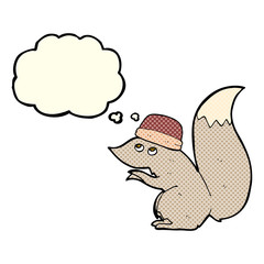 cartoon squirrel wearing hat with thought bubble