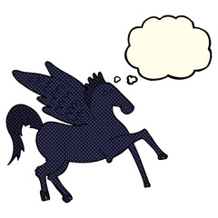 cartoon magic flying horse with thought bubble