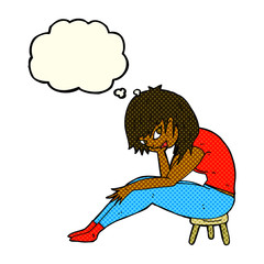 cartoon woman sitting on small stool with thought bubble