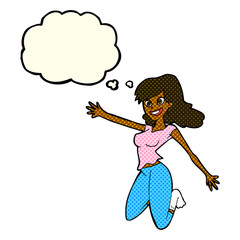 Obraz na płótnie Canvas cartoon jumping woman with thought bubble