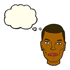 cartoon serious male face with thought bubble
