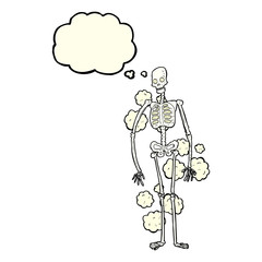 cartoon dusty old skeleton with thought bubble