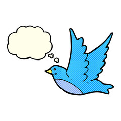 cartoon flying bird with thought bubble