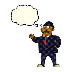cartoon sensible business man in bowler hat with thought bubble