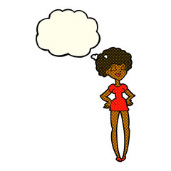 cartoon happy woman with hands on hips with thought bubble