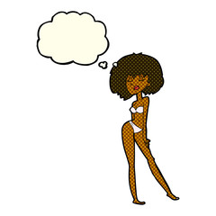 cartoon woman in bikini with thought bubble