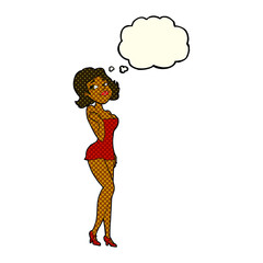 cartoon attractive woman in short dress with thought bubble