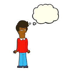 cartoon bored man shrugging shoulders with thought bubble