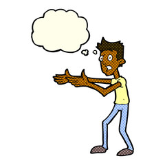 cartoon man desperately explaining with thought bubble