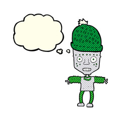 cartoon robot wearing hat with thought bubble