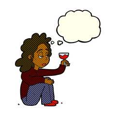 cartoon unhappy woman with glass of wine with thought bubble