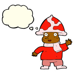 cartoon mushroom man with thought bubble