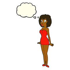 cartoon surprised woman in short dress with thought bubble