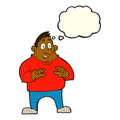 cartoon excited overweight man with thought bubble